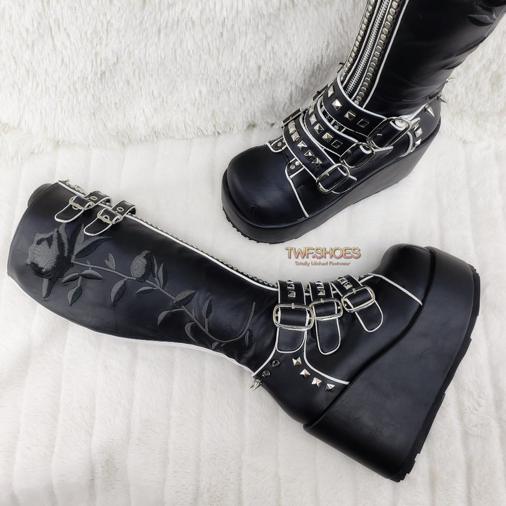 Demonia Black Platform Knee-High Buckle Boots with Studs